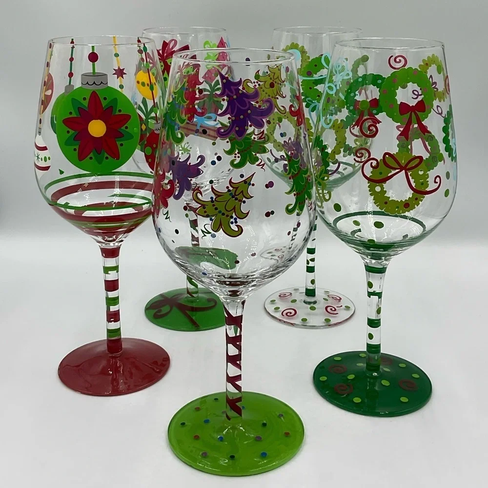 5 Raise The Bar Large 10” Hand Painted Wine Glasses with Christmas Designs